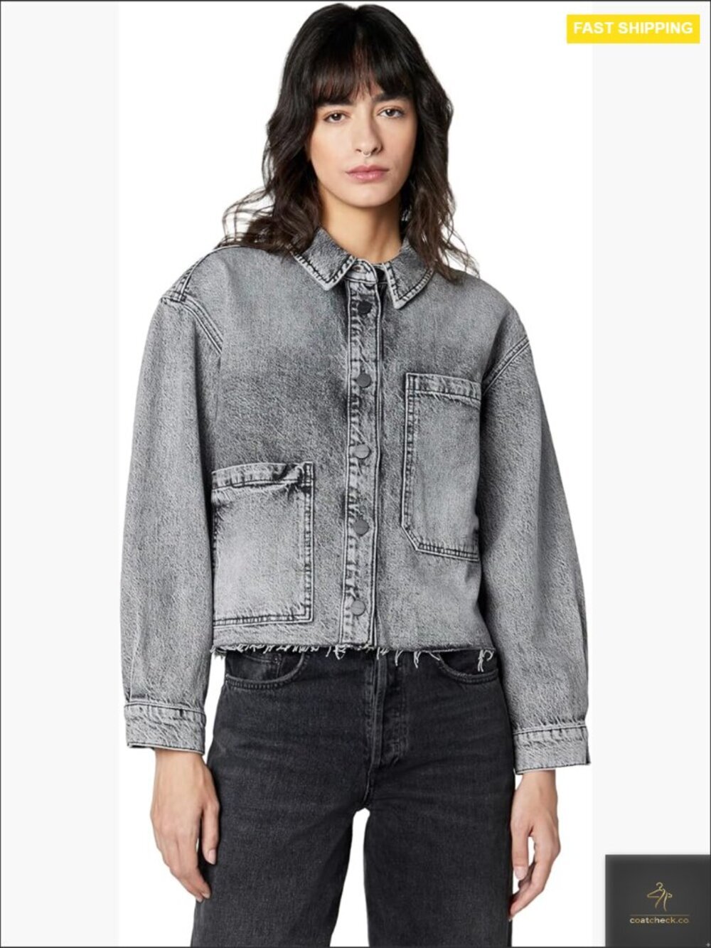 Oversized Button Down Denim Shacket Long Sleeve Patch Pockets Relaxed Fit